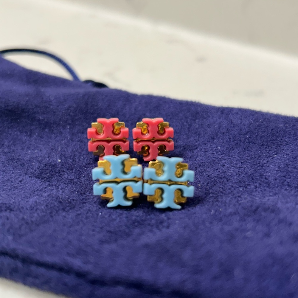 Tory Burch Pink and Blue Logo Earrings